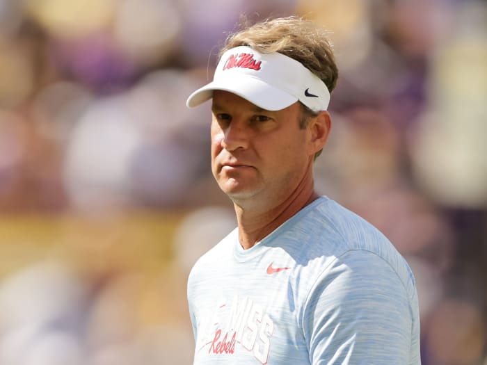 Ole Miss coach Lane Kiffin looks on
